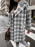 Goosudu Women's Plaid Long Jacket Lapel Double Button Down Plaid Woolen Jacket
