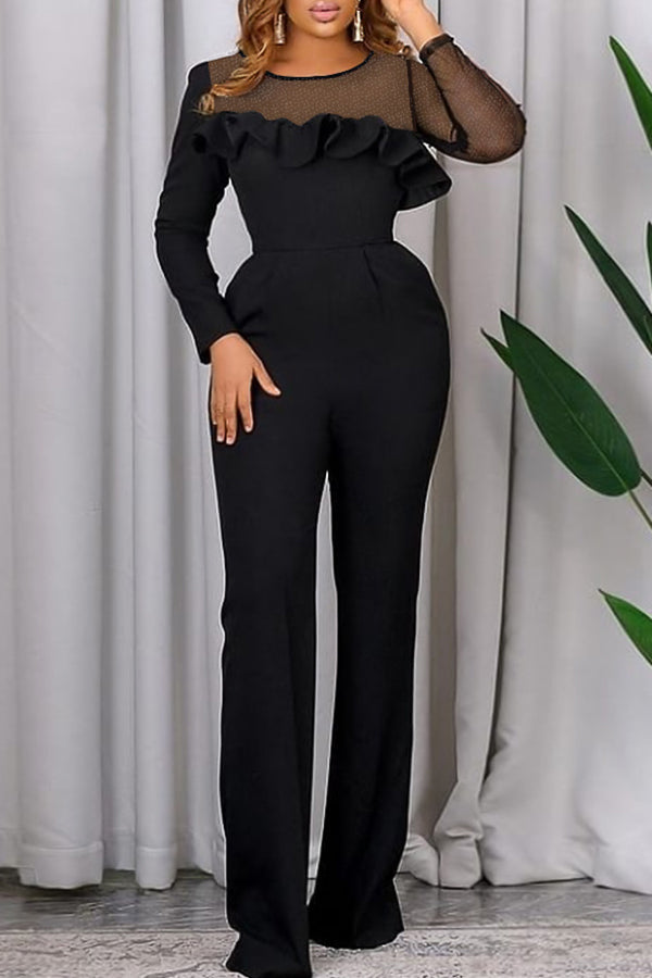 Elegant Fashion Women Jumpsuits Puffy Long Sleeve Lace Stitching