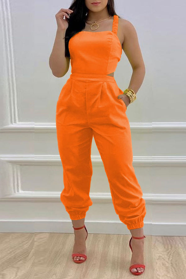 Goosudu Casual Solid Color Hollow Cargo Jumpsuit