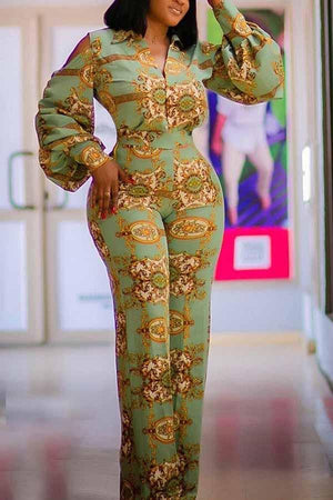 Goosudu Fashion Off Shoulder Lantern Sleeve Printed Jumpsuit
