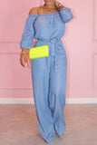 Goosudu Solid Color Off Shoulder High Waist Belt Casual Wide Leg Jumpsuit