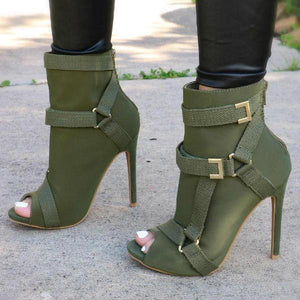 Goosudu Back Zip Peep Toe Stiletto Heel Ankle Boots