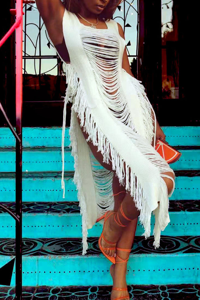 Goosudu Sexy Solid Tassel Hollowed Out Split Joint Asymmetrical Swimwears Cover Up