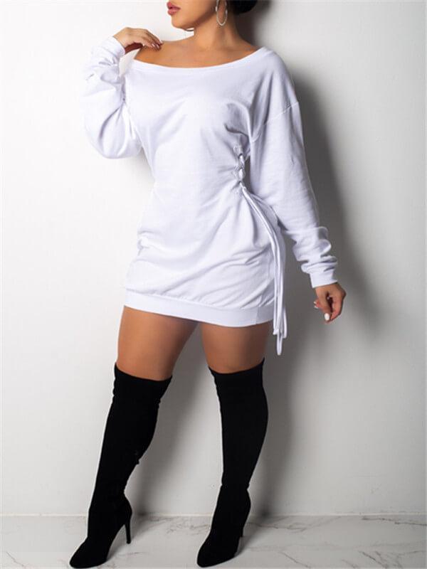 Goosudu Off Shoulder Lace-Up Sweatshirt Dress (4 Colors)