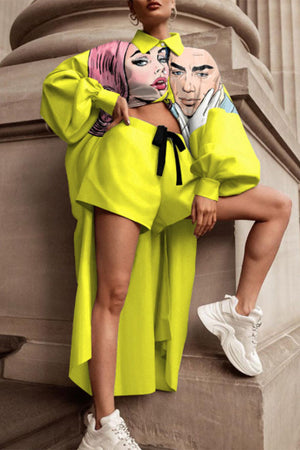 Goosudu Casual Geometric Printing Turndown Collar Long Sleeve Two Pieces