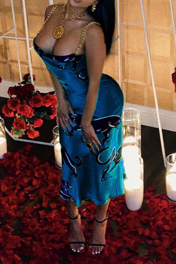 Goosudu Leopard Print Metal Chains Stylish Midi Dress