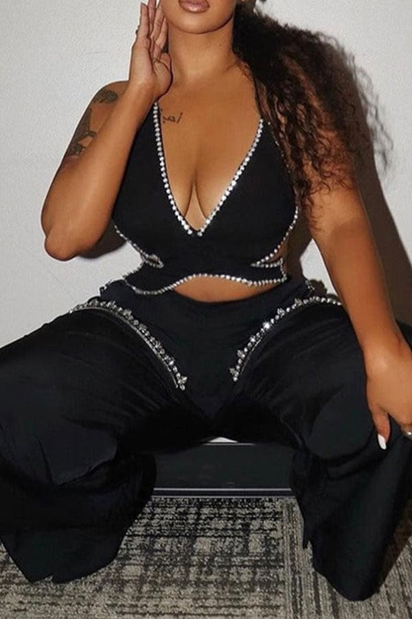 Goosudu Rhinestone Patchwork Unique Zipped Design Pants