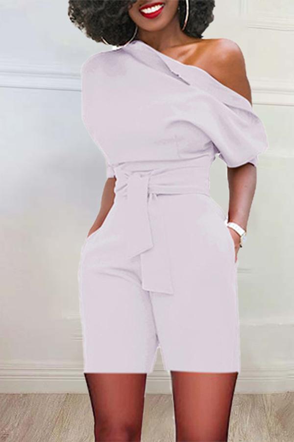 Goosudu Simple Solid Color Diagonal Collar Short Sleeved Belt Rompers