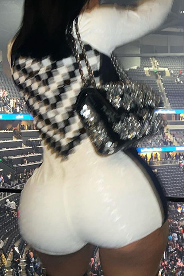 Goosudu Black and White Plaid Contrasting Color High Neck Long Sleeve Romper