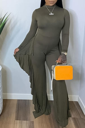 Goosudu Fashion Solid Color Skinny Ruffle Wide Leg Jumpsuit