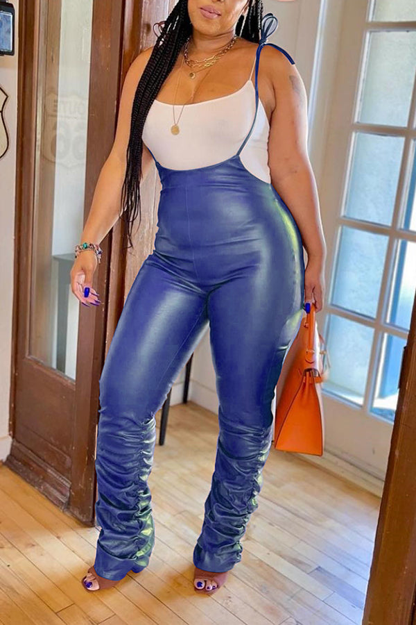 Goosudu Chic Tie Shoulders Ruched Leather Overalls