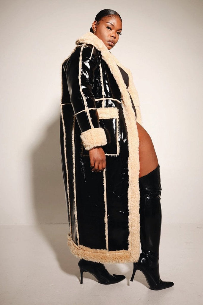 Goosudu Rich Vegan Patent Leather Jacket Faux Shearling Outwear