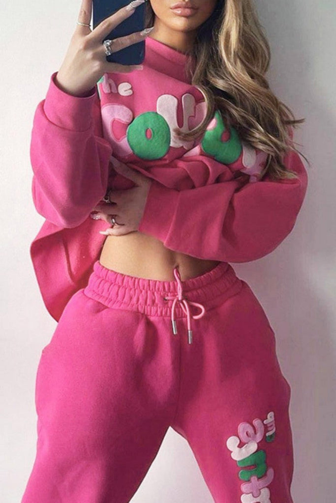 Goosudu Casual Letter Basic O Neck Long Sleeve Two Pieces