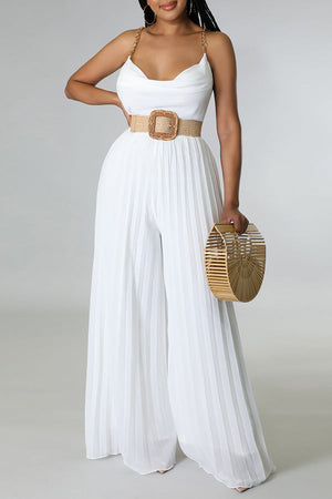 Goosudu Glamorous Solid Color Pleated Backless Chain Sling Jumpsuits