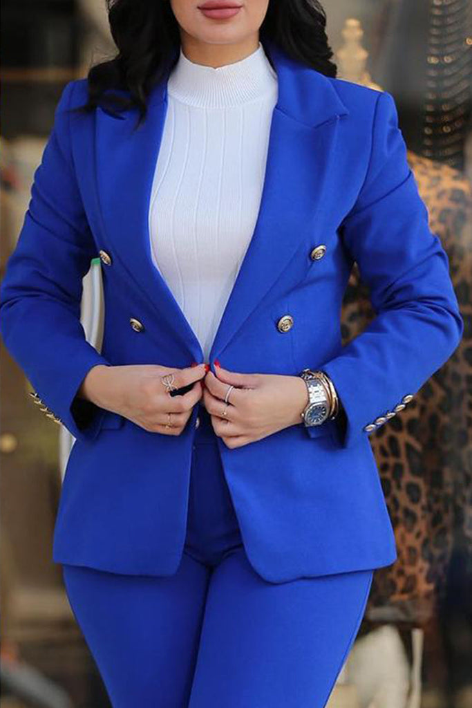 Goosudu Casual Solid Cardigan Pants Turn-back Collar Long Sleeve Two Pieces