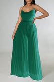 Goosudu Glamorous Solid Color Pleated Backless Chain Sling Jumpsuits