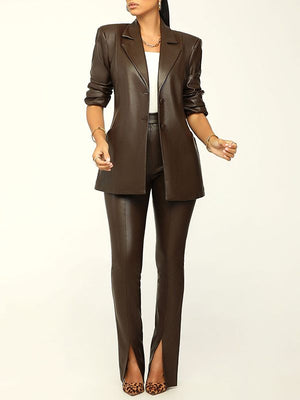 Goosudu Faux Leather Blazer & Slit Pants Set