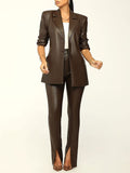 Goosudu Faux Leather Blazer & Slit Pants Set