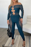Goosudu Sexy Off Shoulder Sheer Leopard Print Pearl Buckle Chest Cutout Jumpsuits
