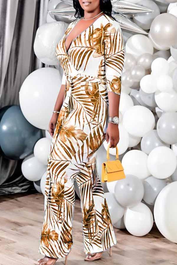 Goosudu Plus Size Palm 3/4 Length Sleeve Tie Waist Jumpsuit