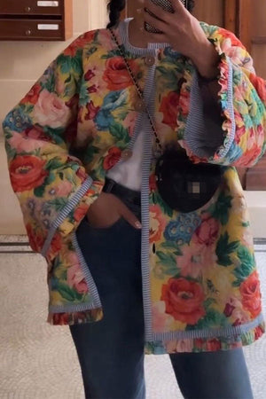 Goosudu Patchwork Floral Print Cozy Button Thru Coat