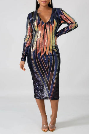 Goosudu Casual Patchwork Sequins V Neck Long Sleeve Dresses