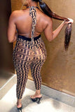 Goosudu Fashion Geometric Print Lace-Up Halter Backless High Waist Jumpsuit