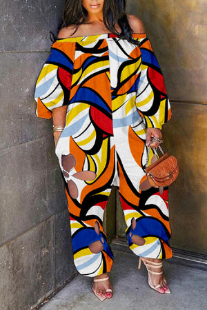 Goosudu Plus Size Sexy Street Print Hollowed Out Cut Out Off the Shoulder Plus Size Jumpsuits