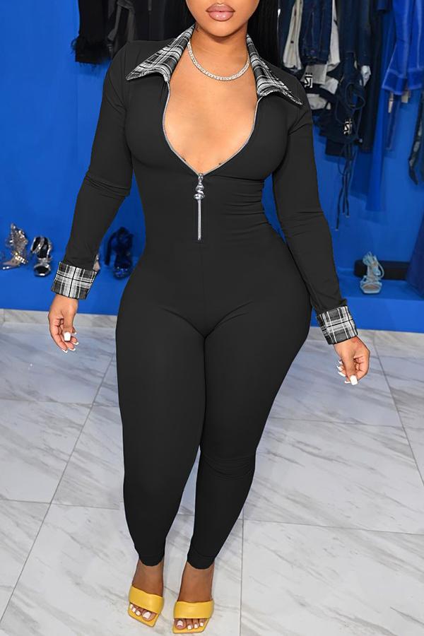 Goosudu Polo Neck Plaid Stitiching Zipper Jumpsuit