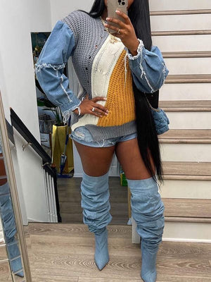 Goosudu Denim Combo Colorblock Sweater