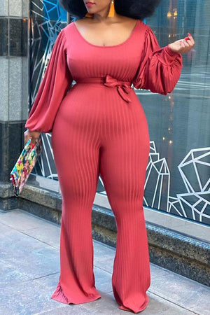 Goosudu Plus Size Solid Color Bubble Sleeve Flare Wide Leg Jumpsuit