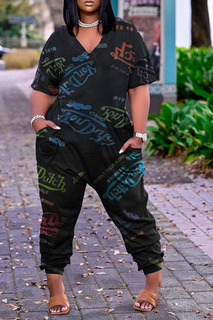 Goosudu Loose Letter Print V-neck Casual Pocket Jumpsuit