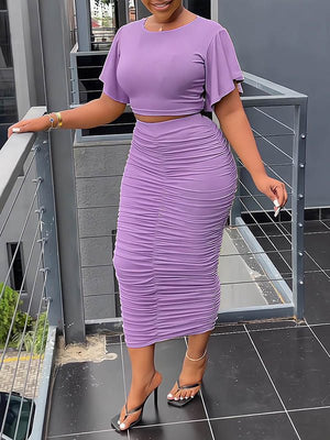 Goosudu Ruffle-Sleeve Top & Ruched Skirt Set