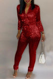 Goosudu Solid Sequin Zip Collar Drawstring Plus Size Jumpsuit