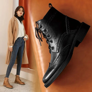 goosudu  Mona flying Womens Genuine Leather Wingtips Boots Ankle Heels Fashion Lace up Booties with Low Heel For women Ladies