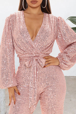 Goosudu Sexy V-neck Sequin Lace Up Long Sleeve Wide Leg Jumpsuit