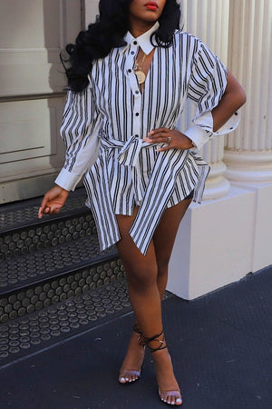 Goosudu Casual Striped Print Hollowed Out Patchwork POLO collar Shirt Dress Dresses