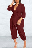 Goosudu Plus Size Pure Color Fashion Knotted Waist Casual Shirt Jumpsuit