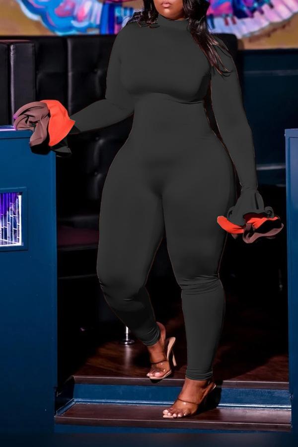 Goosudu High Neck Contrast Flare Sleeve Zipper Jumpsuit