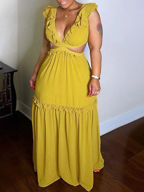 Goosudu Frilled V-Neck Maxi Dress