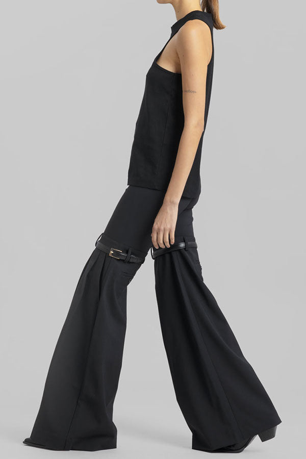 Goosudu Solid Color On-trend Belt Design Bell Bottoms Pants