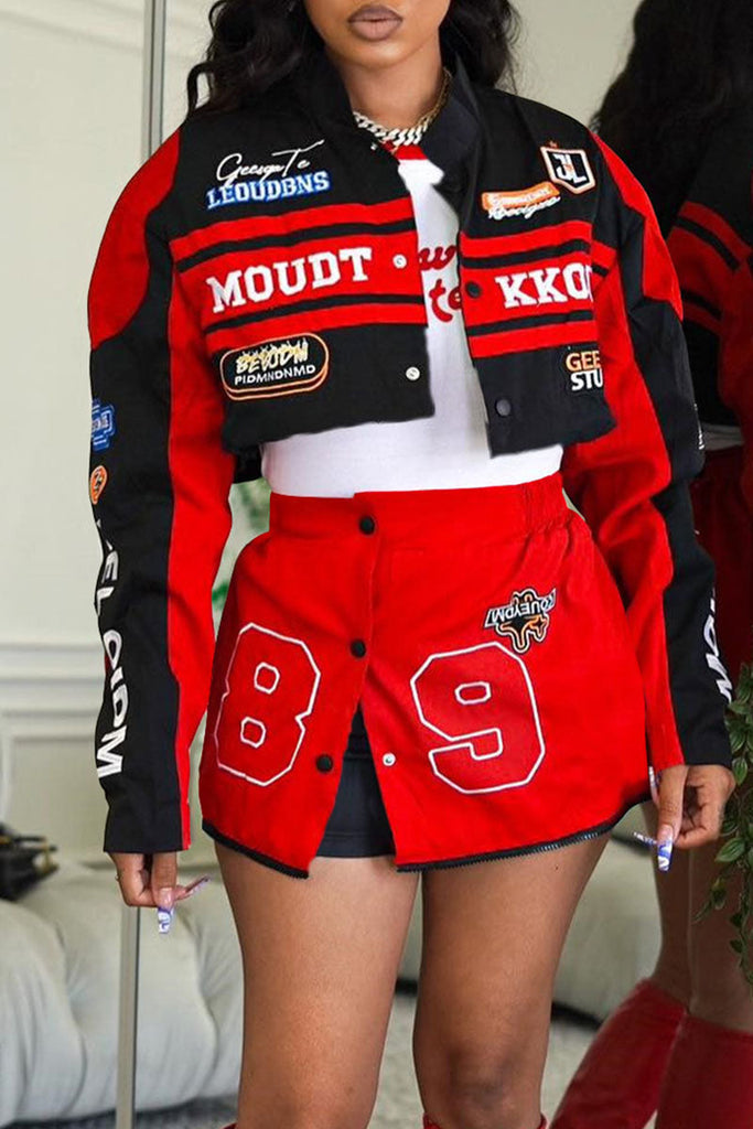 Goosudu Casual Street Print Patchwork Turndown Collar Long Sleeve Two Pieces