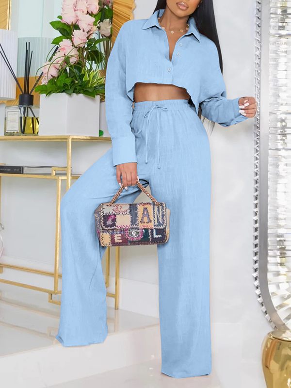 Goosudu Solid Cropped Shirt & Wide-Leg Pants Set