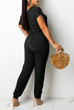 Goosudu Solid Short Sleeve Pocket Drawstring Jumpsuit