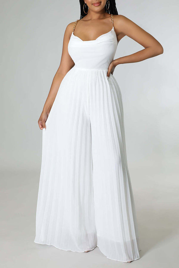 Goosudu Glamorous Solid Color Pleated Backless Chain Sling Jumpsuits