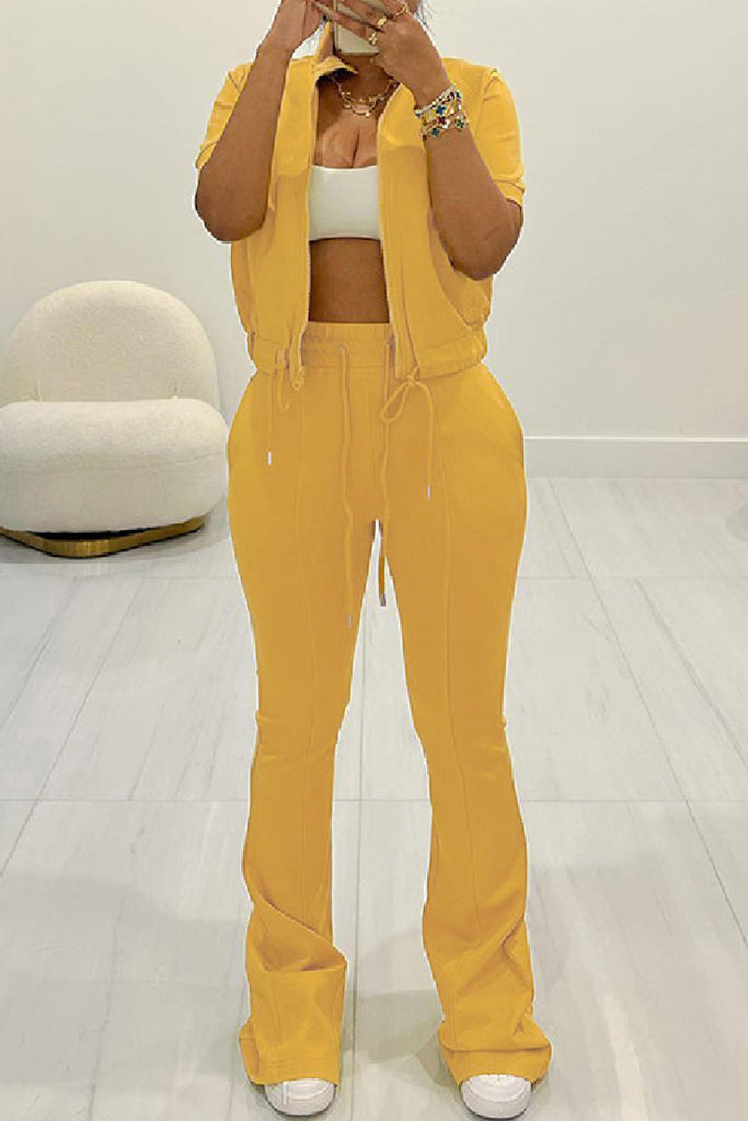 Goosudu Casual Solid Patchwork Zipper Collar Short Sleeve Two Pieces