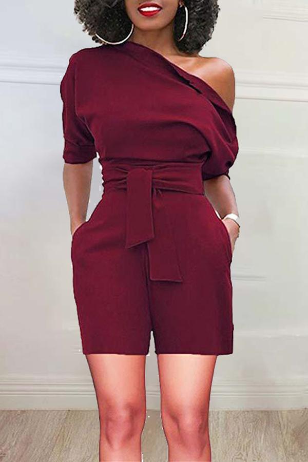 Goosudu Simple Solid Color Diagonal Collar Short Sleeved Belt Rompers