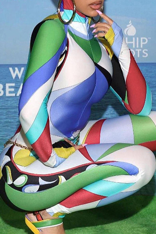 Goosudu Trendy Color-Block Print Long Sleeve Slim-Fit Stretch Hooded Jumpsuit