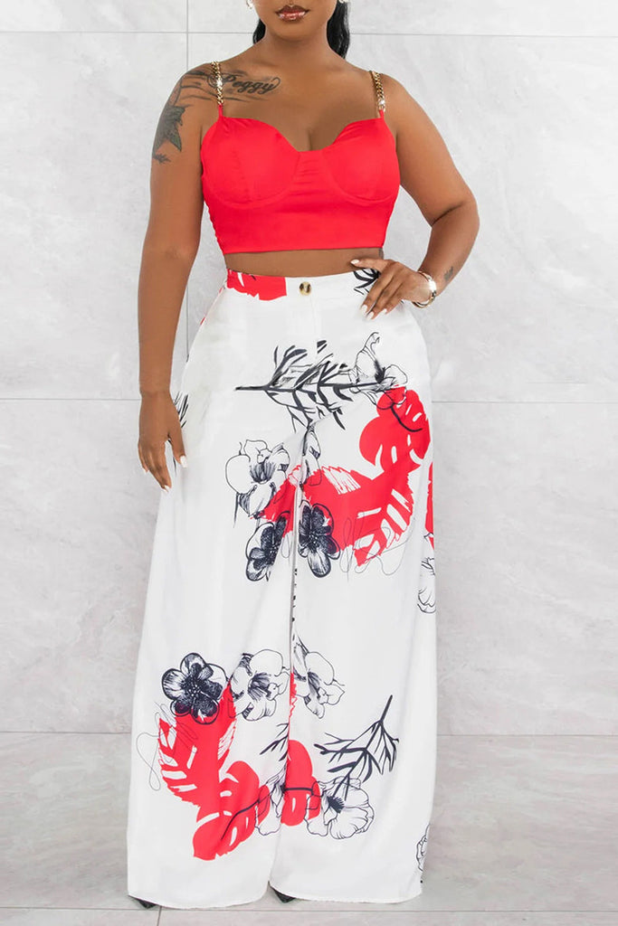 Goosudu Sexy Celebrities Floral Patchwork Zipper Spaghetti Strap Sleeveless Two Pieces