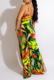Goosudu Tropical Spaghetti Straps Slit Leg Jumpsuit